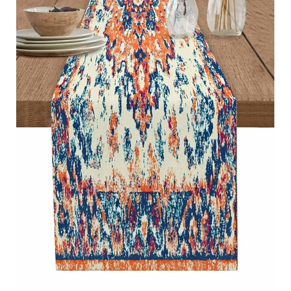 Blue Orange Table Runner-Cotton Linen- 36 Inch Holiday Dresser Scarves, Boho Vintage Ethnic Flowers Tribal Farmhouse Tablerunner for Kitchen Coffee/Dining Bedroom Living Room Dinner Scarf Décor 13x36