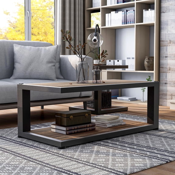 Farrow 1-Shelf Metal Rectangle Coffee Table, Dark Walnut and Sand Black