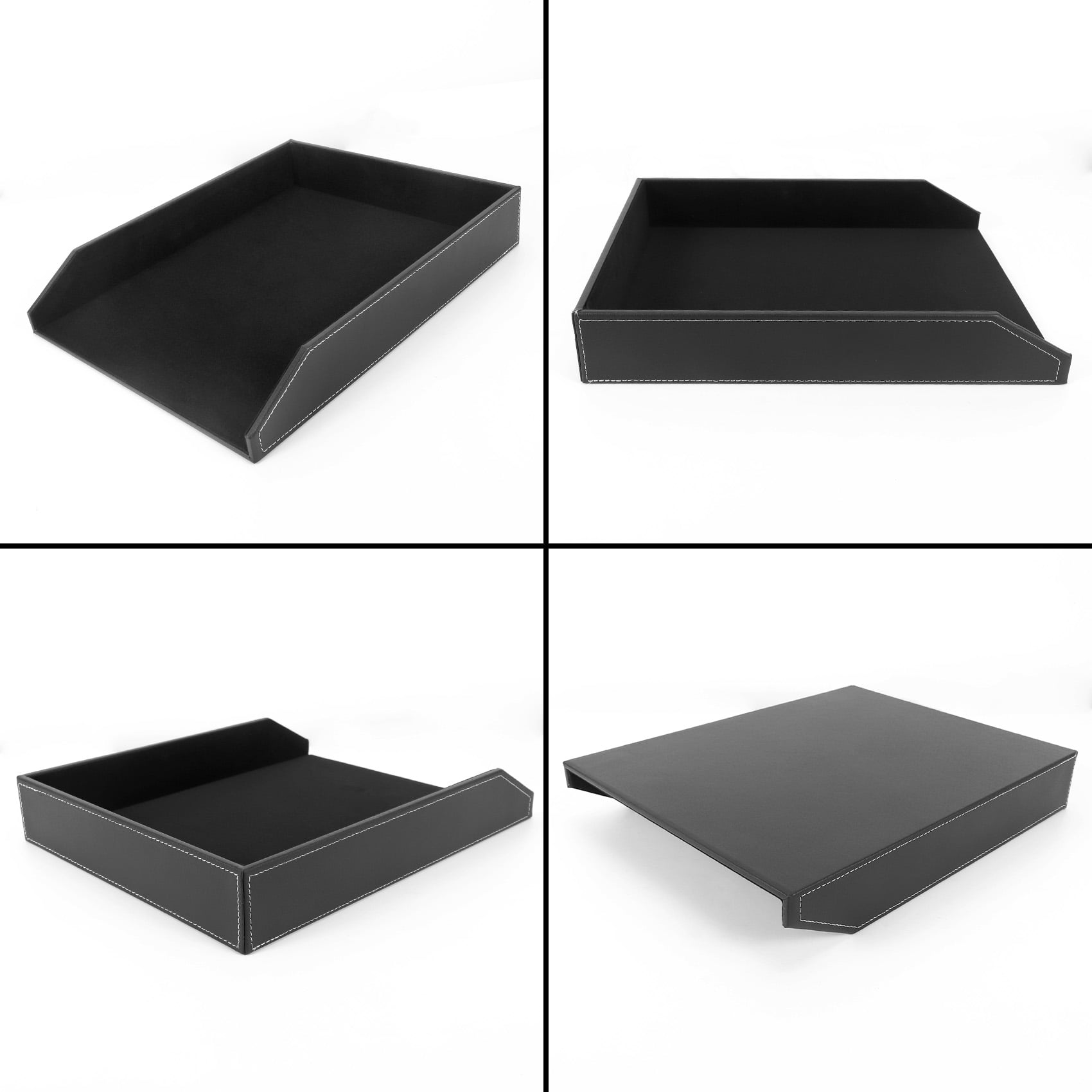 PU Leather Collection Letter Tray, Document Desk Organizer,Stackable Office File Tray Holder (Black)