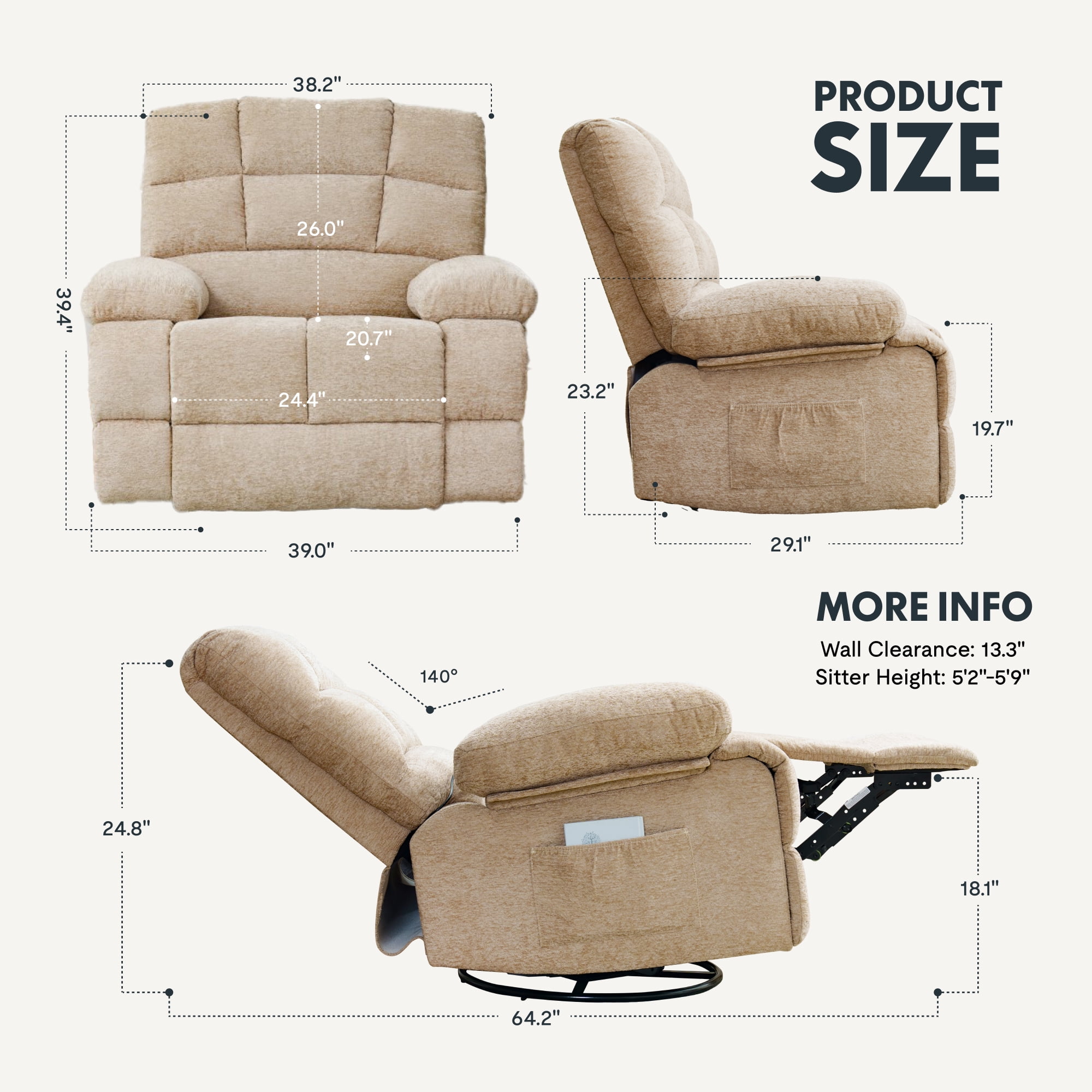 FitStand Swivel Rocker Recliner Chair with Heat and Massage, 24.4" Wide Seat Chenille Oversized Recliner, Gray