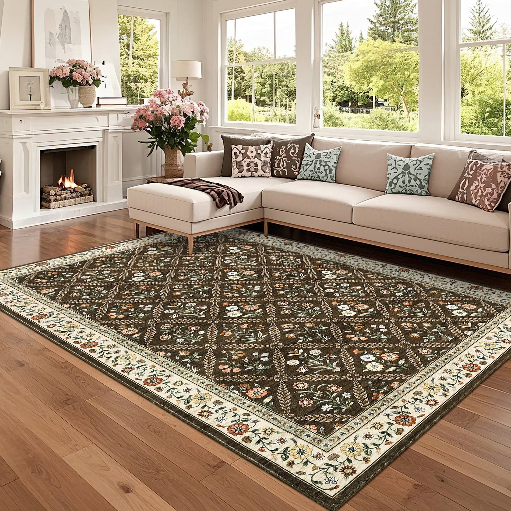 Senfot 9x12 Floral Print Area Rug Machine Washable Non-Slip Stain Resistant Low Pile Bordered Farmhouse Rug for Living Room Bedroom Home Office Brown