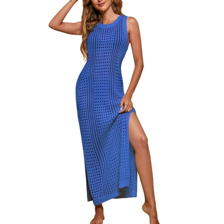 B91xZ Women Swimsuit Cover up Bikini Sleeveless Beach Dress Crochet Hollow Out Coverup (Blue S)