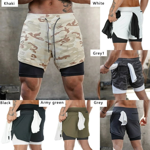 Pantalones cortos deportivos para hombre Dos capas Bolsillos Toalla Lazo Cordón Entrenamiento