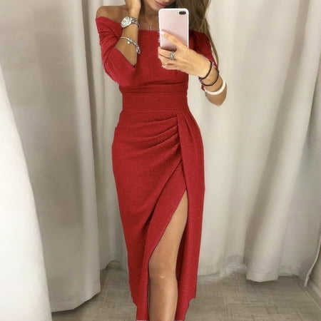 Red Polyester Off-the-Shoulder Women s Formal Dress  Women s Bag Hip Slit One-neck Dress Shiny Dress Dinner Dress