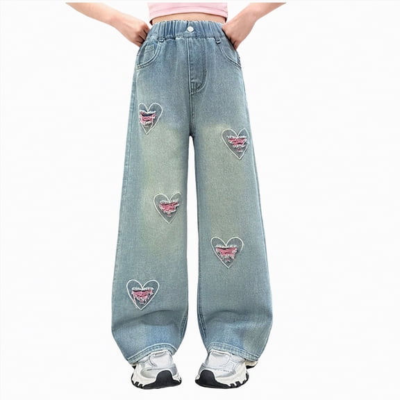 kpoplk Girl's Flare Jeans High Waist Bell Bottom Denim Pants with Pockets(Blue,9-10 Y)