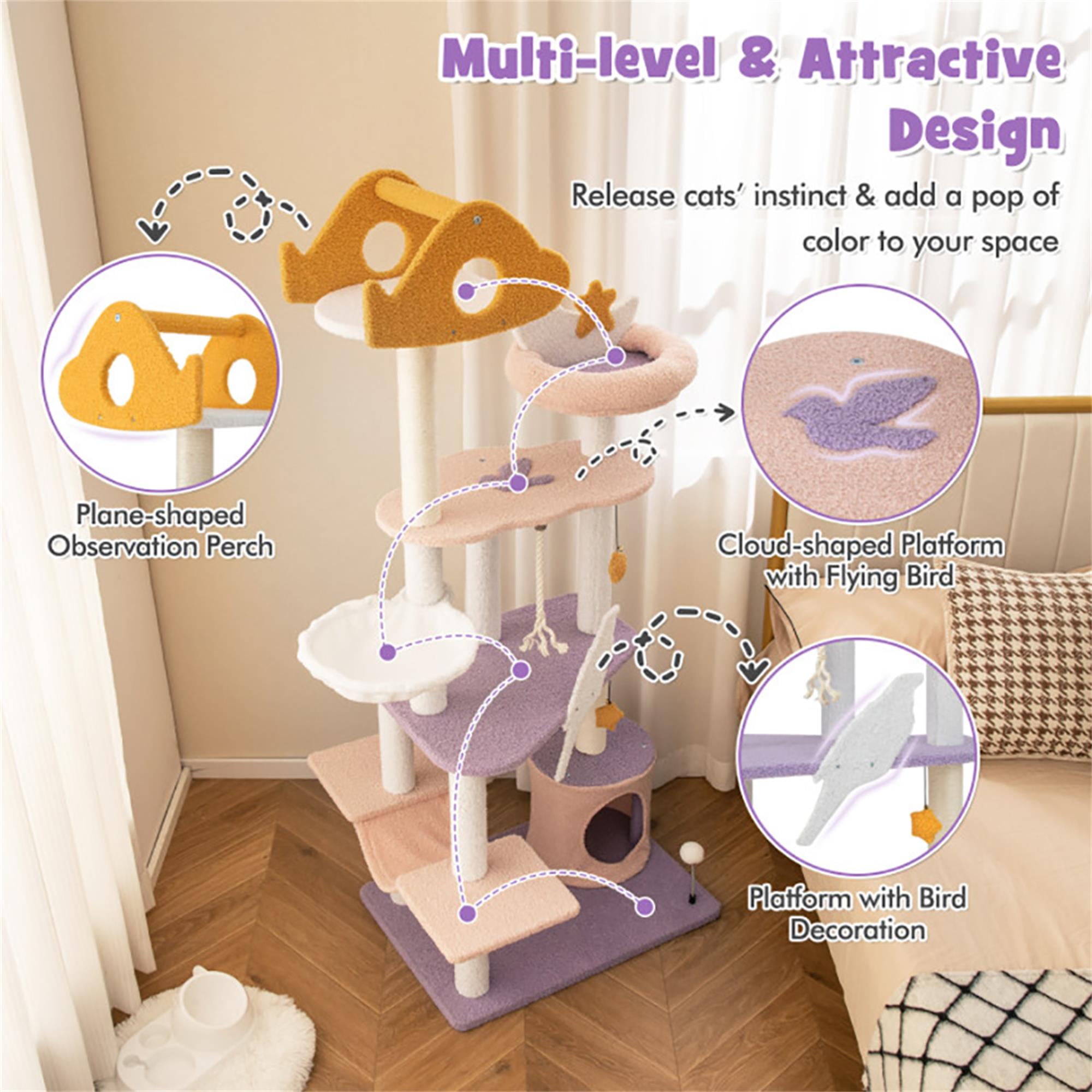 Kadyn 66" Cute Cat Tree Tower for Indoor Cats, Moon and Star Cat Condo with Sisal Scratching Posts, Plush Perches, Kitten Cat Tree Tower Activity Center, Purple