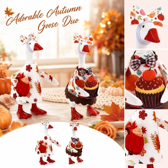 Porch Goose Clothes with Fall and Thanksgiving Theme, 2-Piece Set for 7-Inch Geese, White Geese with Autumn Patterns for Front Porch Decoration