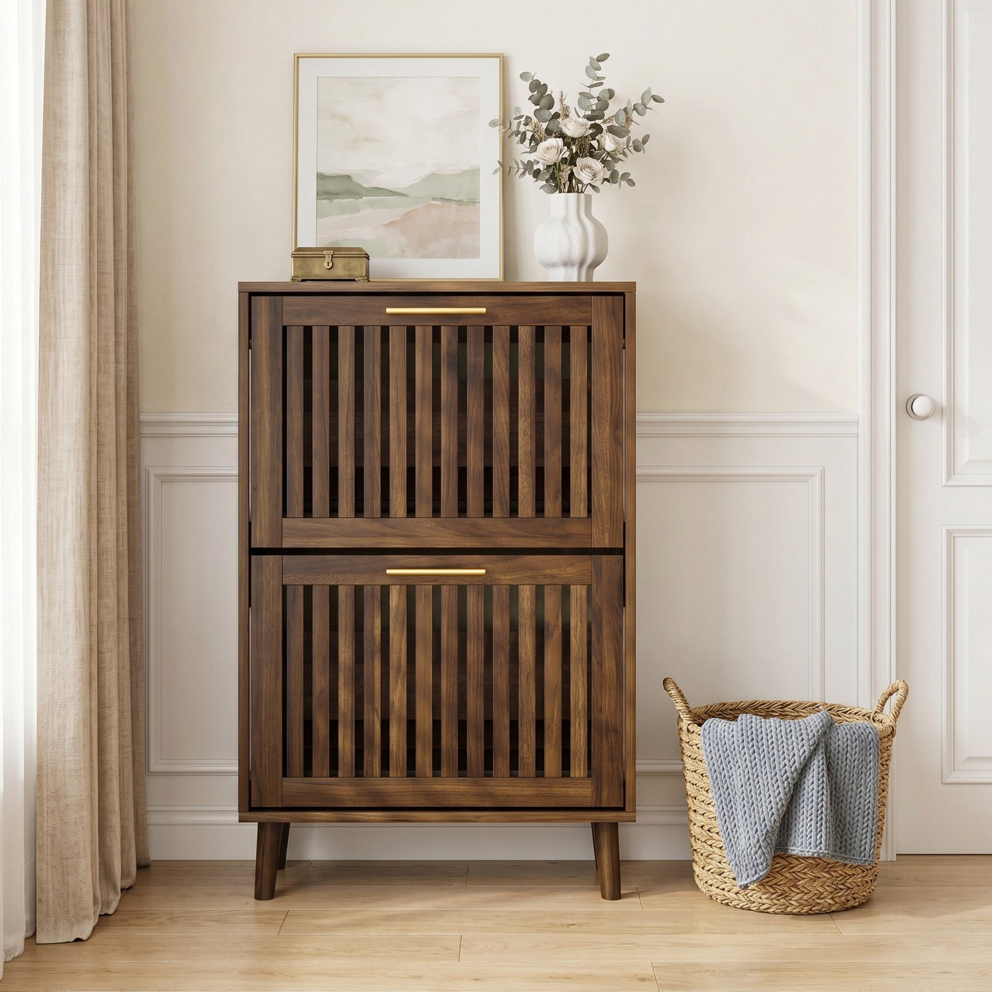 Sailvan 23.6" Walnut Shoe Cabinet, Mid-Century Modern Freestanding Fence Cabinet with 2 Flip Drawers