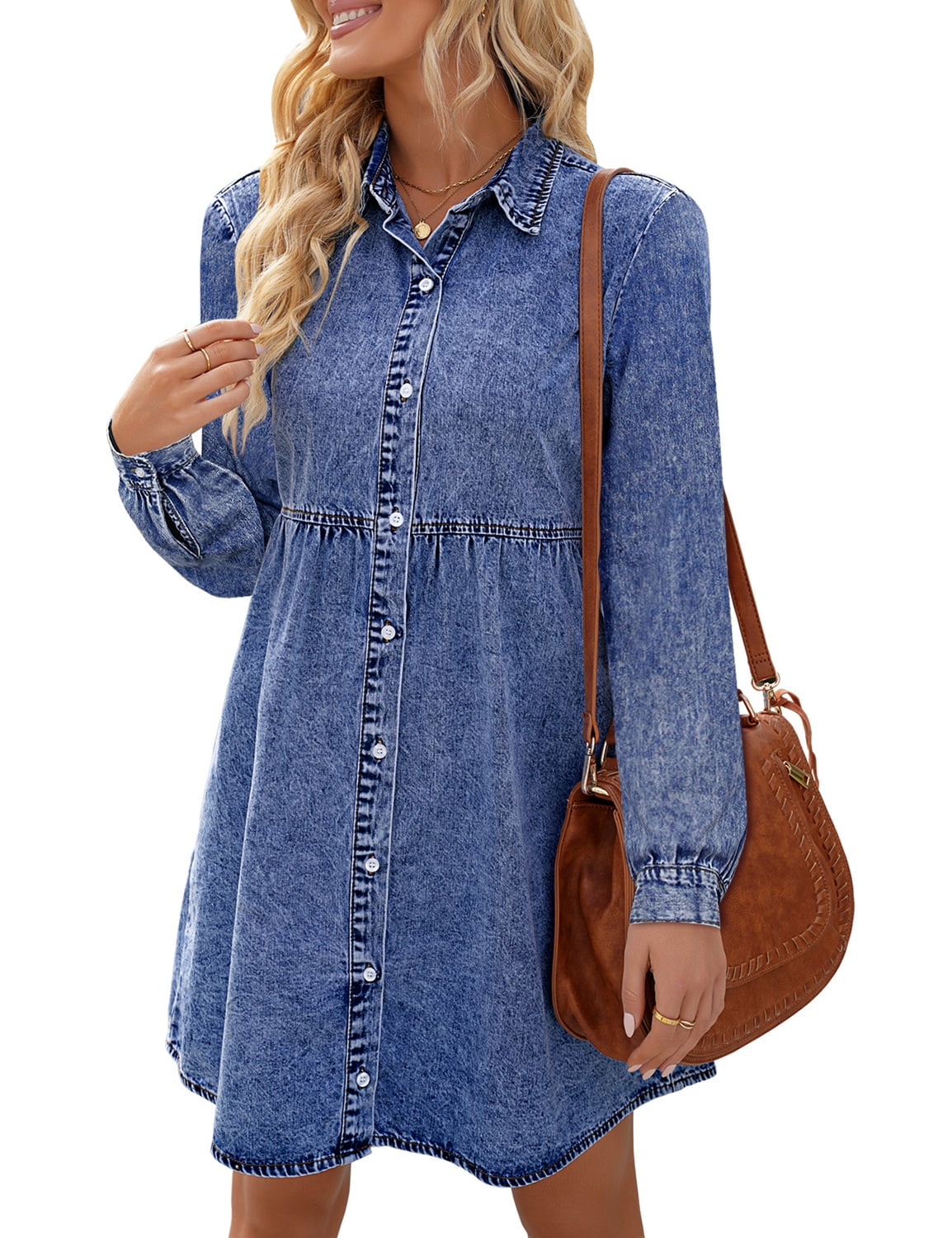 Vetinee Denim Dress for Women Babydoll Tiered Long Sleeve Button Down