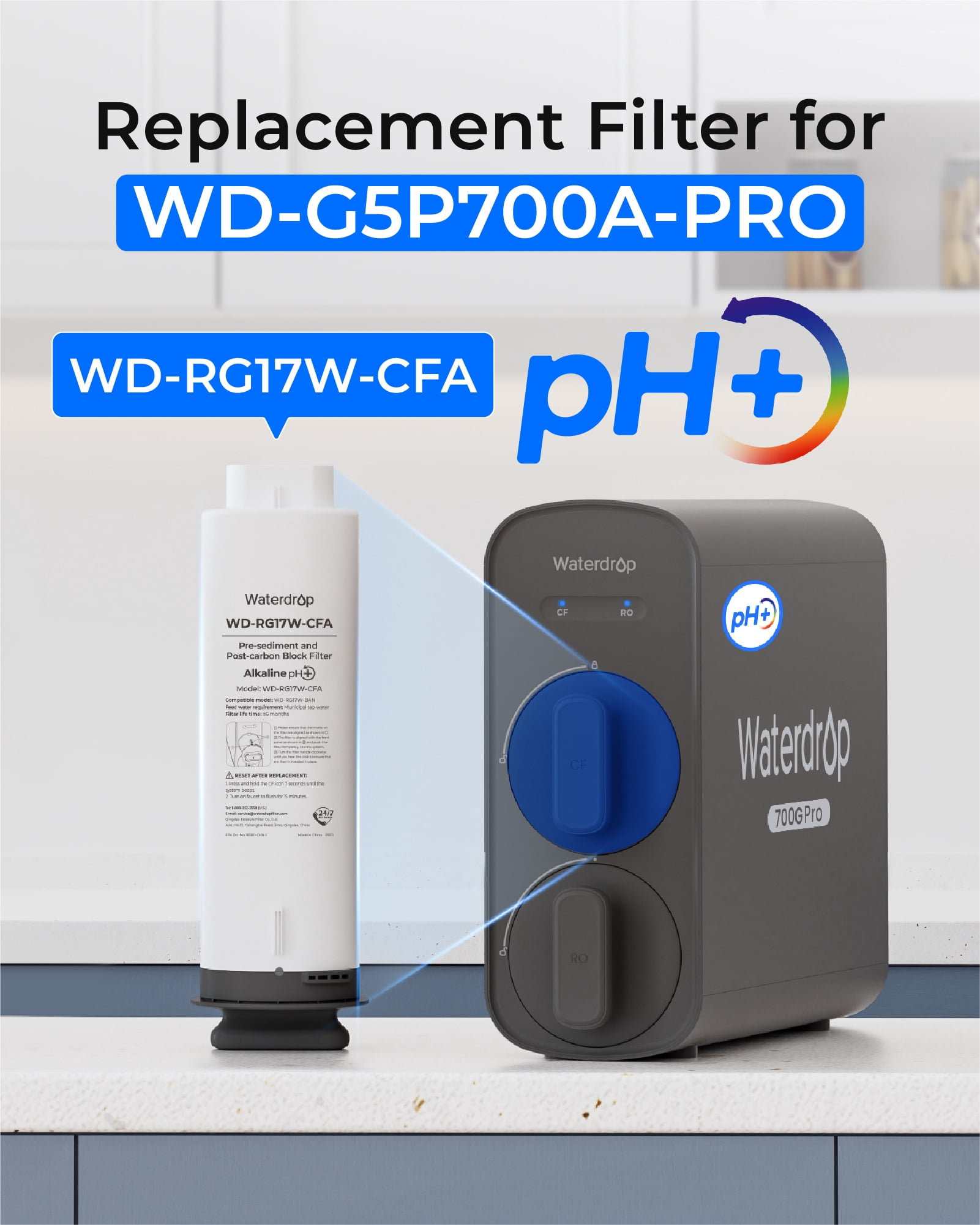 Waterdrop WD-G5P700A-Pro-CF Filter, Replacement for WD-G5P700A-Pro Undersink Reverse Osmosis System, 6-month Lifetime