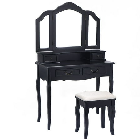 Tropical Island Dresser Mirror - Gymax Vanity Set Makeup Table Dresser Tri Folding Mirror 4 Drawers with Stool Black