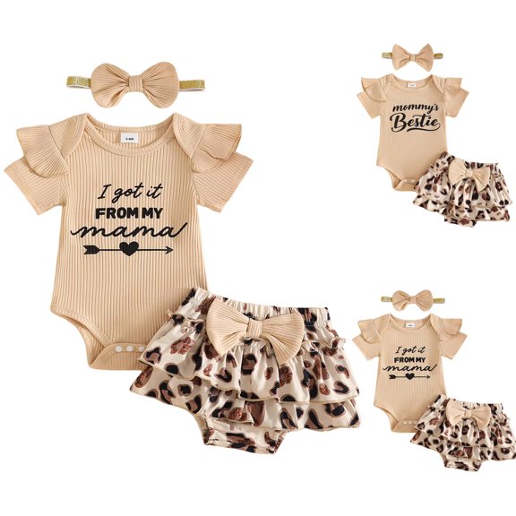 Faraee Baby Girl Clothes Newborn Infant Summer Outfits Short Ruffle Sleeve Romper Leopard Print Skirt Cute Bow Headband Set Beige 9-12 Months