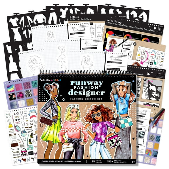 Fashion Angels: Runway Fashion Designer Sketch Set - 35 Sheet Portfolio Pad, Stencils & Stickers, Create Clothing Styles, Drawing & Activity, Kids 6 