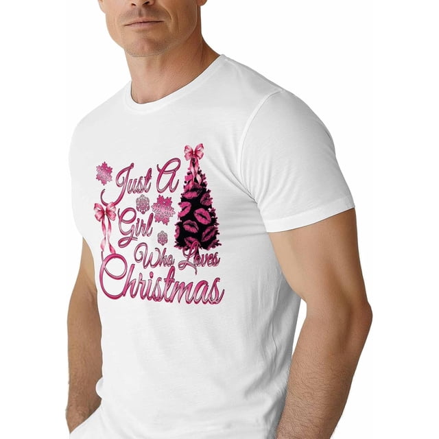 T-Shirts for Men, Christmas Snowflake Tree Pink Crew Neck Cotton T-Shirt Men's Short Sleeve Just A Girl Who Loves Xmas