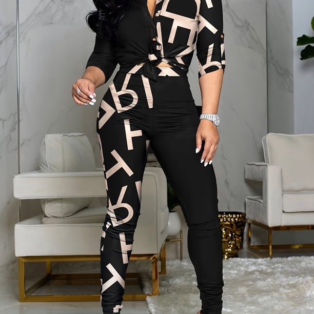 Conjunto De 2 Piezas De Bloque De Color, Blusa De Solapa De Manga Larga Y Pantalones Pitillo De Cintura Alta, Ropa De Mujer