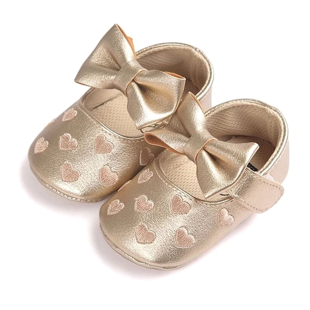 1 par de zapatos de vestir con lazo y patrón de bordado en forma de corazón para niña, cuero de PU, para bebés y niños pequeños, longitud interior dorada de 5,1 pulgadas, 12 a 18M