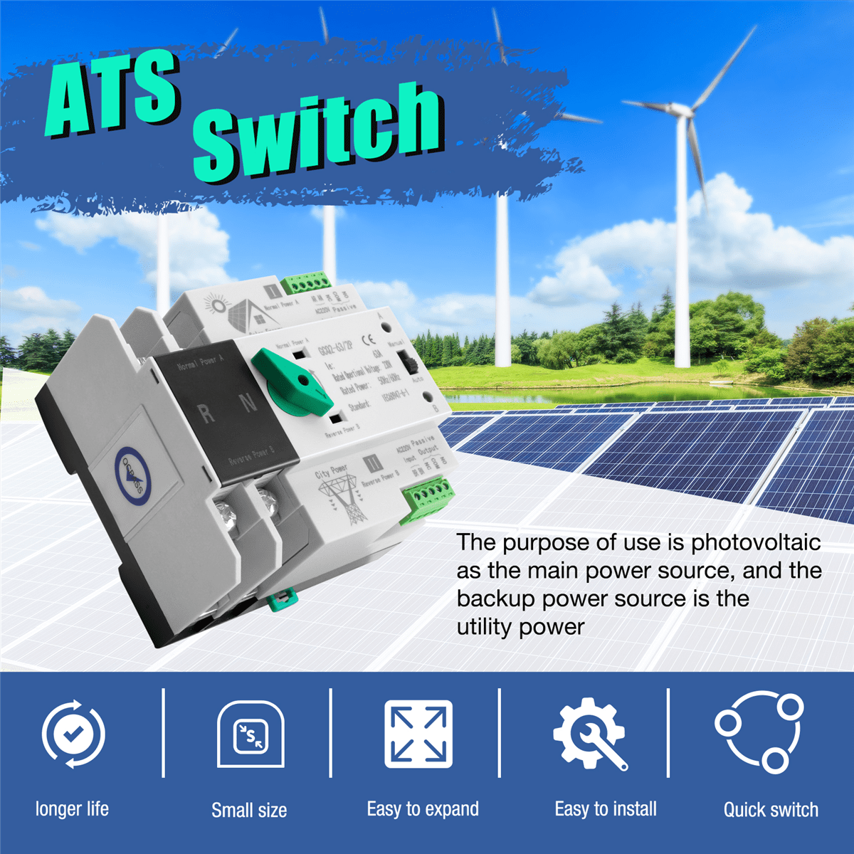 Photovoltaic Solar Power ATS Automatic Transfer Switch Din Rail 2P 63A AC220V ATS PV System Power to City Power,1 x Automatic Transfer Switch,White & Black