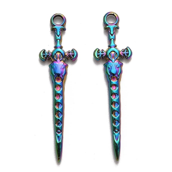 304 Stainless Steel Pendants Sword Charm Rainbow color 40x10.5x2.5mm Hole: 2.5mm