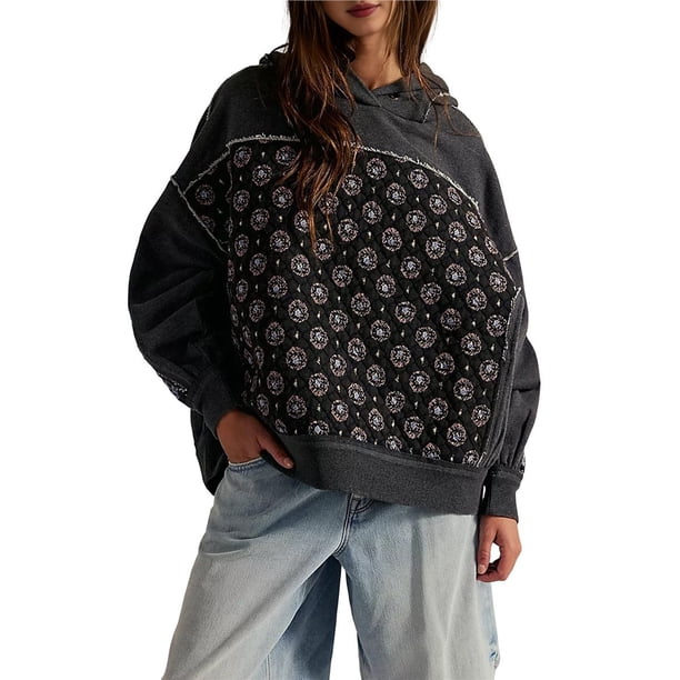 Sudadera con Capucha Extragrande para Mujer, con Bordado Floral, Bloques de Color, Deshilachada, Larga Negro L