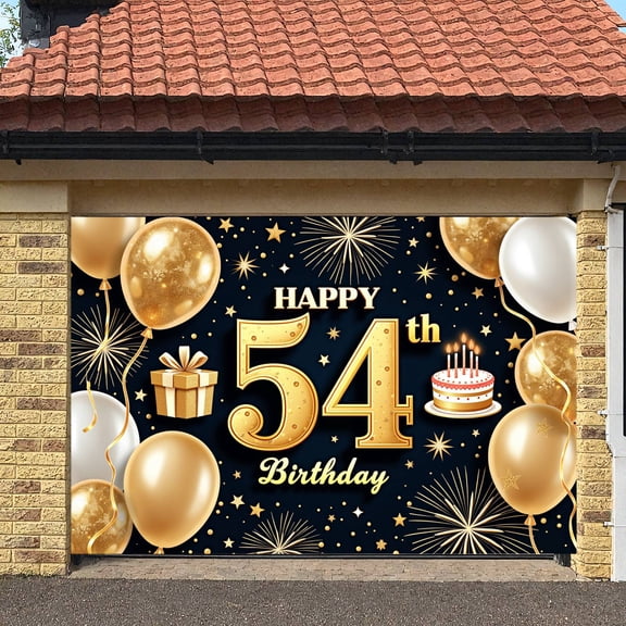 Golden Theme Happy 54th Birthday Banner Gold Balloons Birthday Celebration Display Star Pattern Gift Box Design 54th Anniversary Backdrop for 54th Birthday Party Adult Birthday Celebration Photo