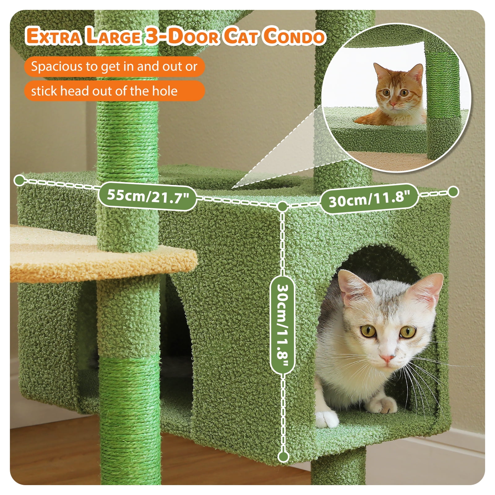 Pefilos 81" Tall Cat Tree for Large Cats, Heavy Duty Cat Tower with 2 Perches, 2 Condos and Spacious Hammock, Large Condo with 7 Scratching Posts, Green