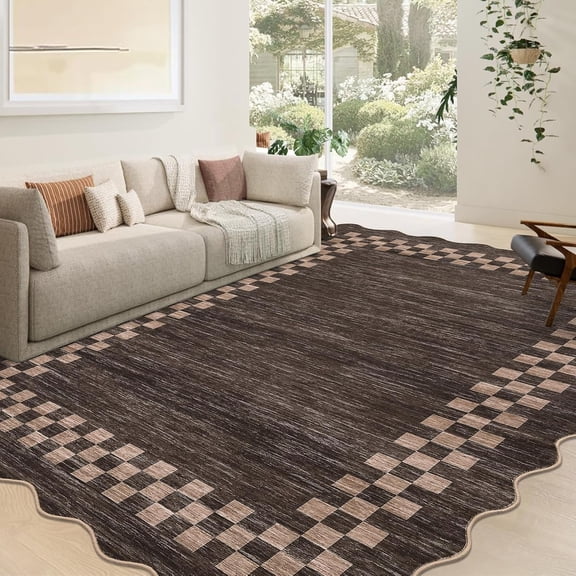5x7 Washable Scalloped Area Rug, Soft Low Pile Non Slip Indoor Carpet, Stain Resistant Modern Border Accent Rug for Living Room Bedroom Dining Room Home Office,brown