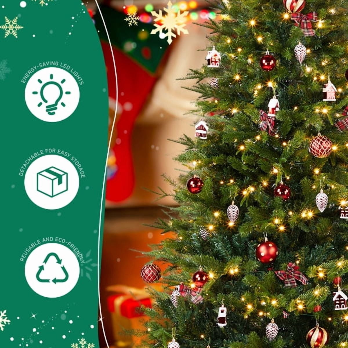 Alvantor 7.5 ft Green Artificial Christmas Tree with 400 Warm White LEDs, 8 Modes, Remote, 950 PE and PVC Tips, Red Decor and Tree Skirt