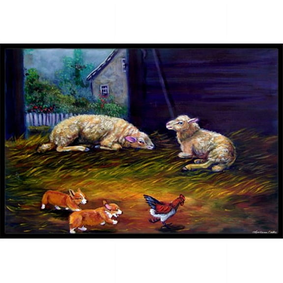 Corgi Chaos In The Barn With Sheep Indoor & Outdoor Mat, 24 x 36 in.