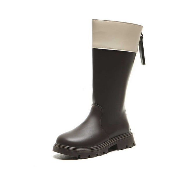QHFBli Little Girls Riding Boots Leather Round Toe Mid Calf Boots Non Slip Thick Soled High Booties with Zipper Brown 11.5-12 Years