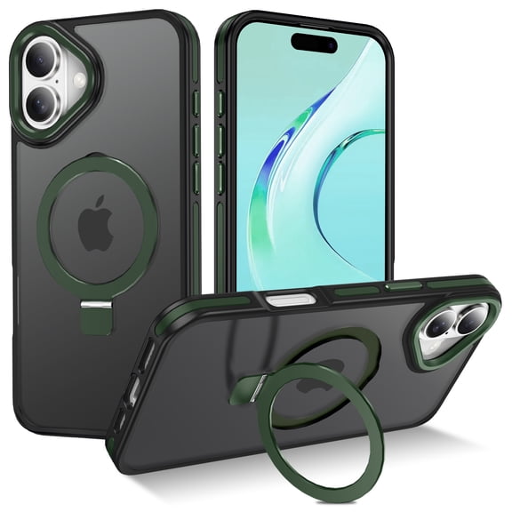 I-HONVA Magnetic Ring Stand Compatible with iPhone 16 Case,Military Drop Protection,Compatible with MagSafe,Matte Translucent Phone Case,Green