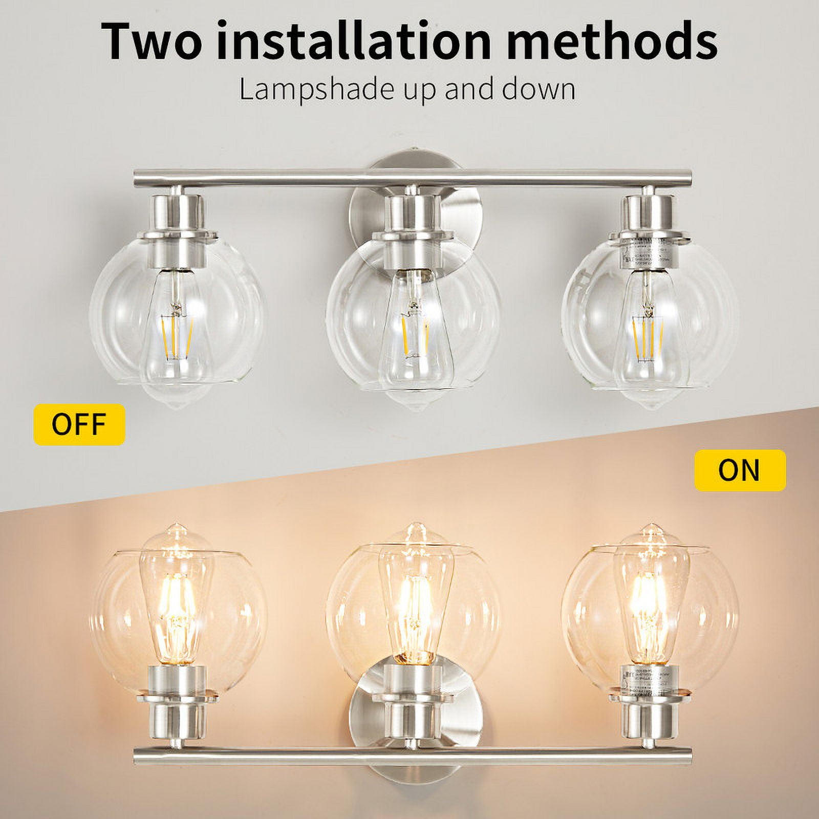 Deyidn 3 Light Pale Gold Bathroom Vanity Light with Globe Glass Shade Modern Bathroom Wall E26 Bulb