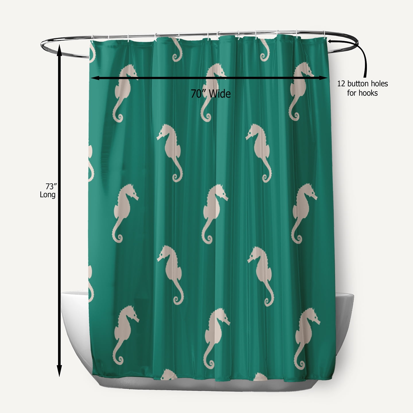 Simply Daisy 70" W x 73" L Sea Horses Polyester Shower Curtain, Kelly Green [1 Ct]