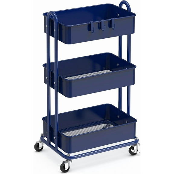 3-Tier Heavy Duty Metal Utility Rolling Cart, Navy