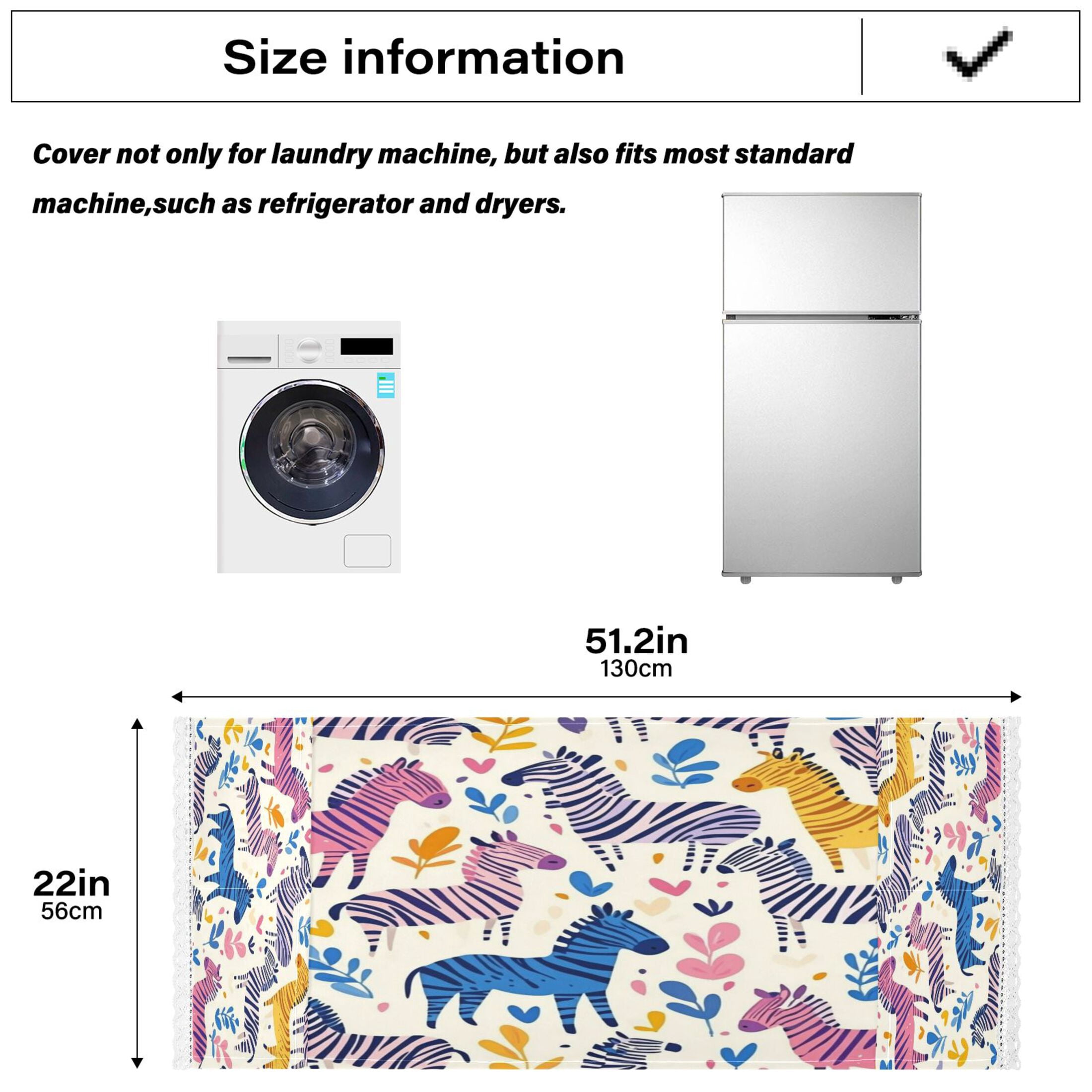 Colorful Lovely ZebraWasher and Dryer Covers Dust-Proof and Oil Resistant Fridge Cover with 4 Storage Pockets Washing Machine Top Cover for Laundry Kitchen Home 51.2 x 22 In