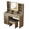 thumbnail image 6 of IVV Rustic Gray Vanity Set for Bedroom - Tempered Glass Top Makeup Dressing Desk with Lighted Mirror Cabinet & Charging Station, 5 Drawers & Open Shelves, Cushioned Stool Included, 6 of 6