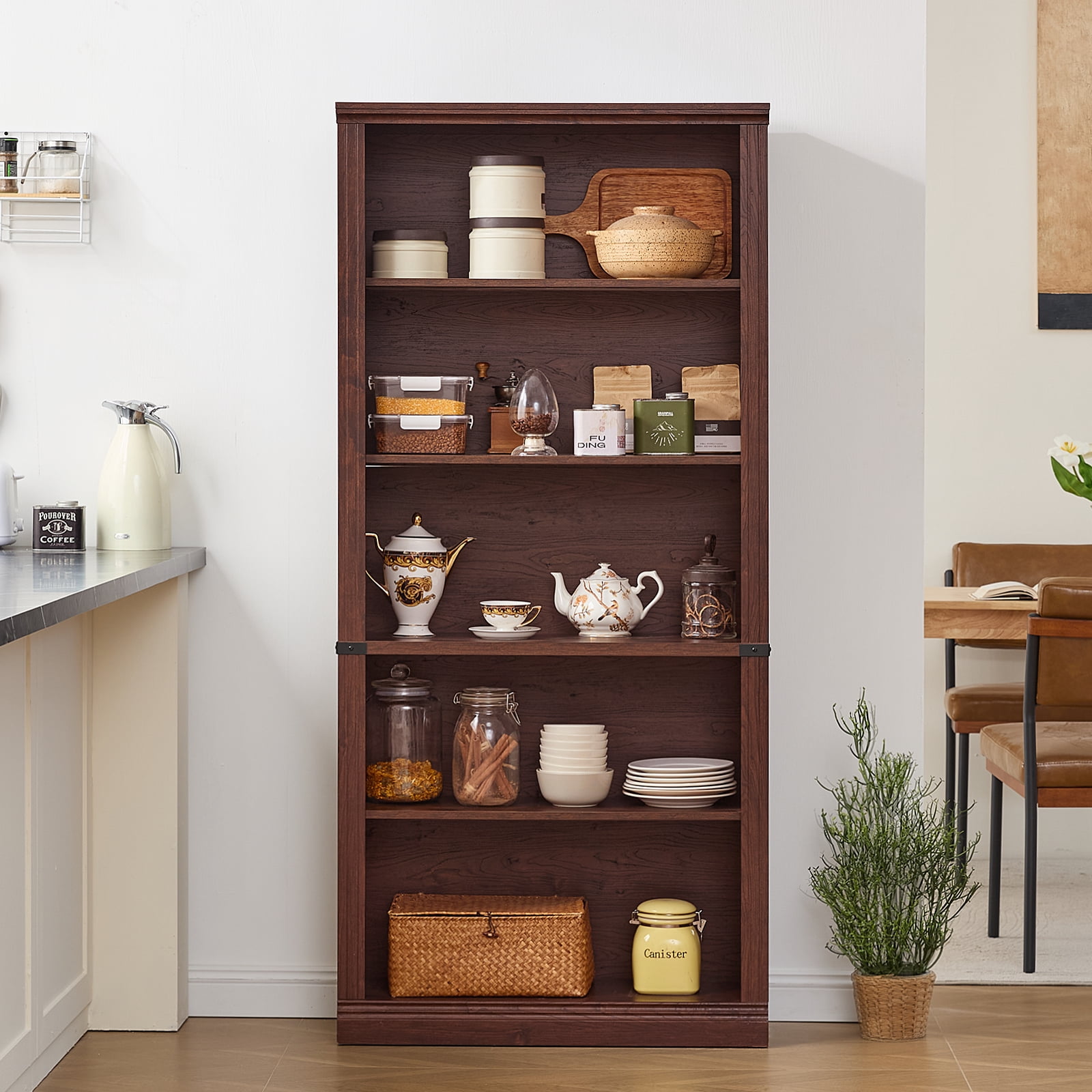 Buildhom 70" Tall Farmhouse Bookshelf, 5-Tier Solid Wood Bookcase with Adjustable Shelves for Living Room & Office, Walnut