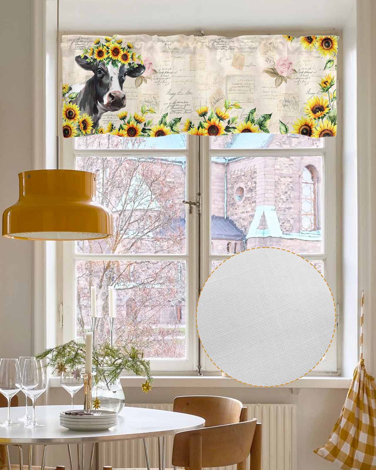 Farmhouse Cow Kitchen Valances for Windows Farmhouse Linen Window Valance Curtain for Living Room Window Treatment Sunflowers Rustic Botanical Animals Valance Rod Pocket Topper Drape, 42 x 12 Inch