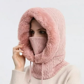 Winter Warm Knitted Cap With Neck Warmer For Women, Slouch Ajustable Knit Beanie Hat With Hairball, Winter Woolly Hat With Warm Fleece Linning, Windproof Balaclava Snood Hood Hat For Women (White