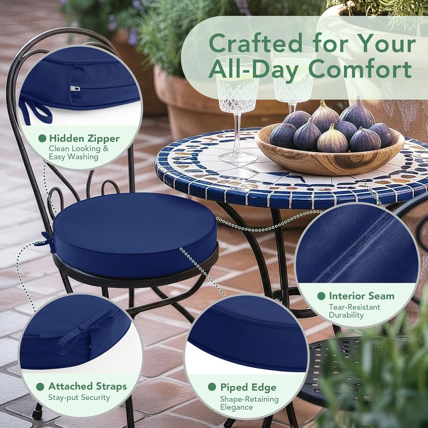 Outdoor Bistro Chair Cushions Set of 2, 15" D x 3" H Round Chair Cushions Waterproof and Fade Resistant Chair Cushion Pads with Non-Slip Ties and Removable Covers for Garden, Navy Blue