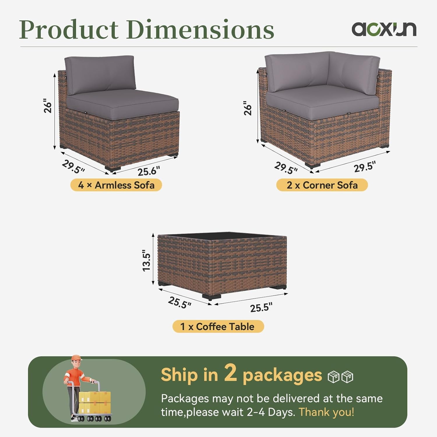Aoxun 7 Piece Patio Furniture Set Wicker Rattan Patio Conversation Set Outdoor Sectional Sofa Set with Coffee Table and 4” Thickened Cushions, Gray(Waterproof Cover Included)