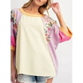 thumbnail image 3 of Elippeo Women's Spring Autumn Loose Tops 3/4 Sleeve Round Neck Floral Print Striped T-shirt, 3 of 8