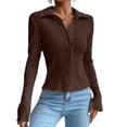 thumbnail image 3 of Camiseta informal ajustada de Color sólido para mujer, rebeca con botones de solapa, camisetas de manga larga con aberturas, Tops de otoño, ropa de calle de Color sólido, 3 of 5