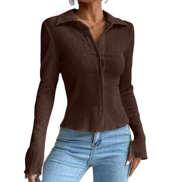 Camiseta informal ajustada de Color sólido para mujer, rebeca con botones de solapa, camisetas de manga larga con aberturas, Tops de otoño, ropa de calle de Color sólido