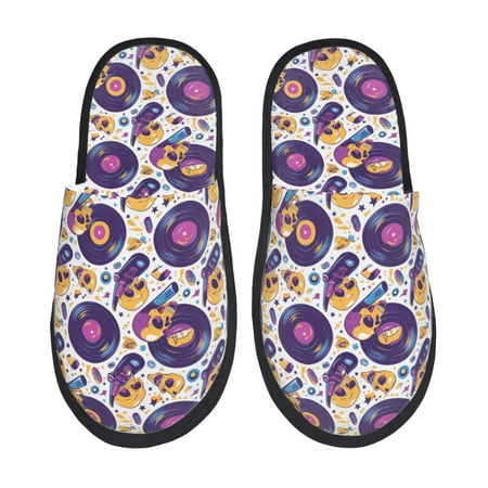 Balery record rock Skull star Slient Indoor Furry Fleece Comfort House Shoes Soft Non-Slip Home Shoes Cotton slippers House Slippers-- Medium