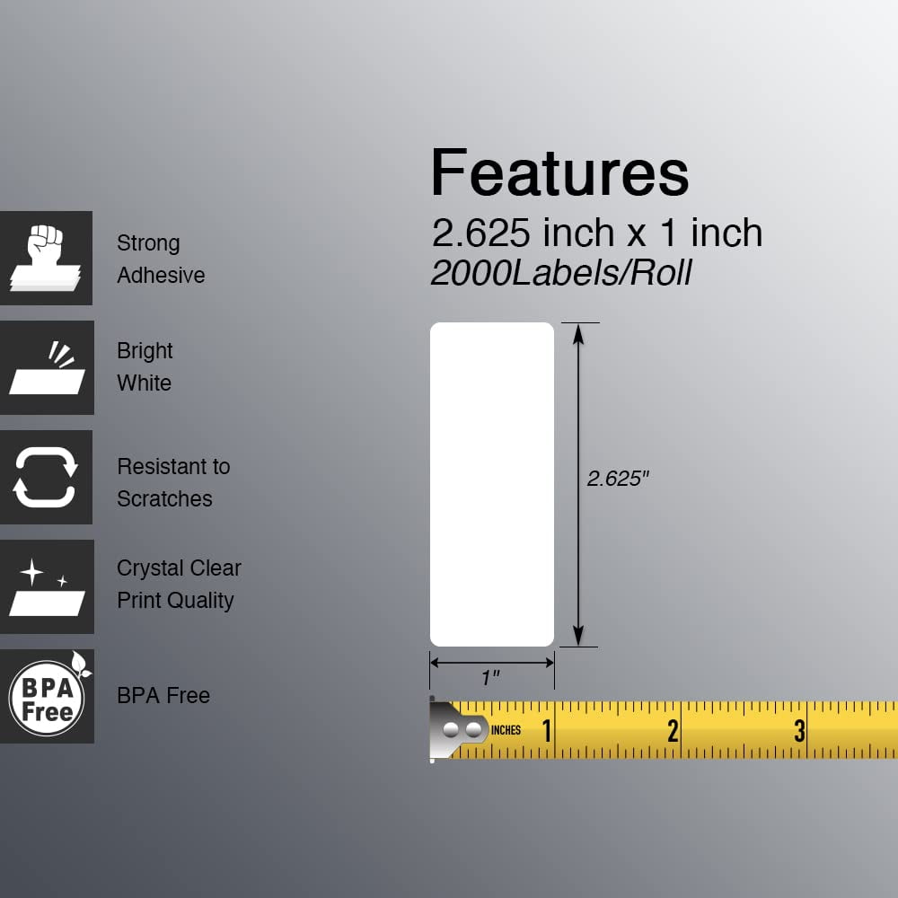 2.625" x 1" (67 mm x 25 mm) File Folder & Address Labels Compatible with Zebra & Rollo Label Printer,Premium Adhesive & Perforated [10 Rolls, 20000 Labels]