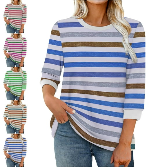 Womens Stripe Print Color 3/4 Sleeve Round Neck Pullover Fashion Blouses Top Casual Crew Neck Loose Shirt Tops Blouses for Women