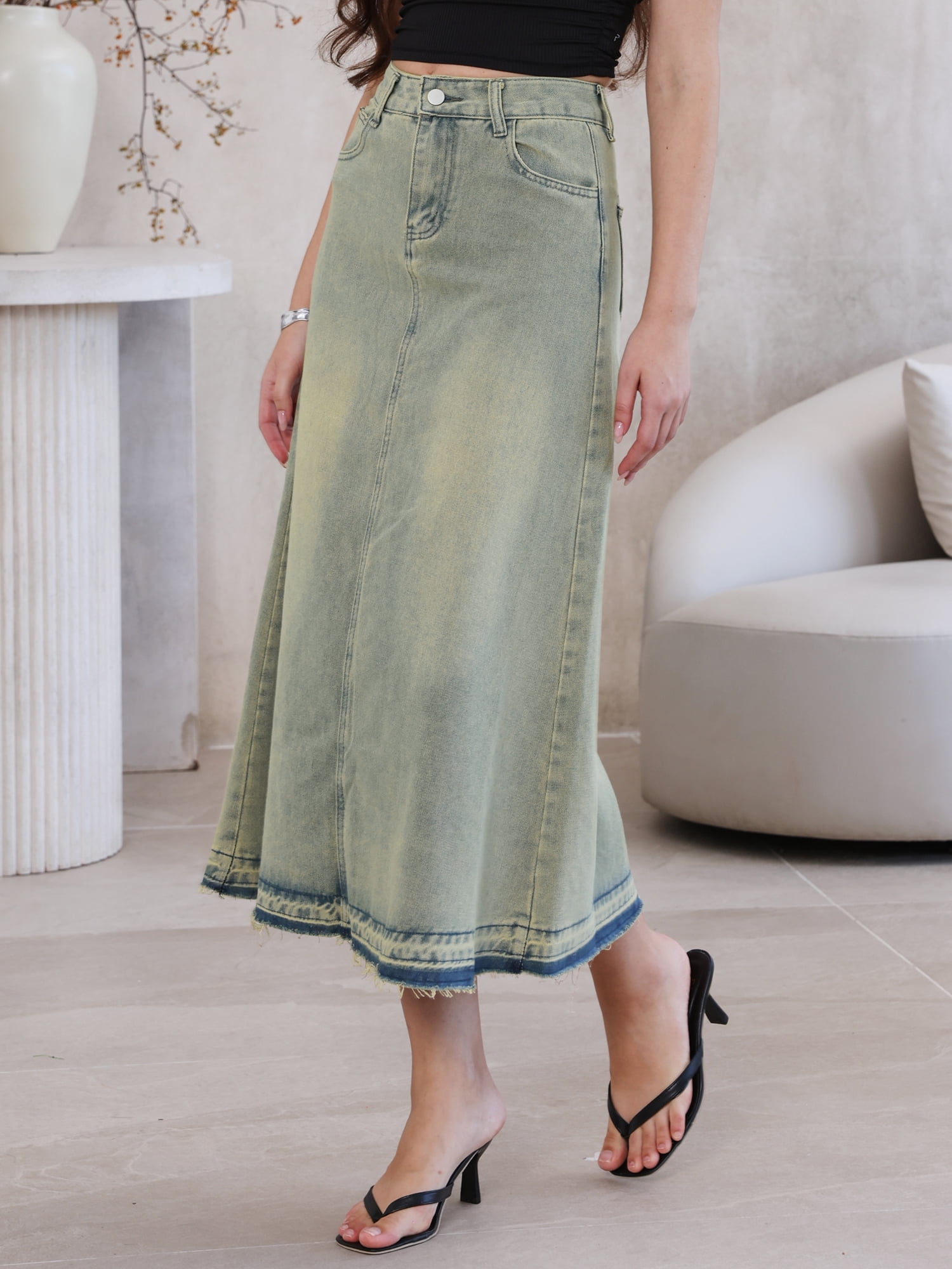 DARING DIVA Women's Wash Frayed Hem A Line Long Jean Skirt Medium Faded Blue