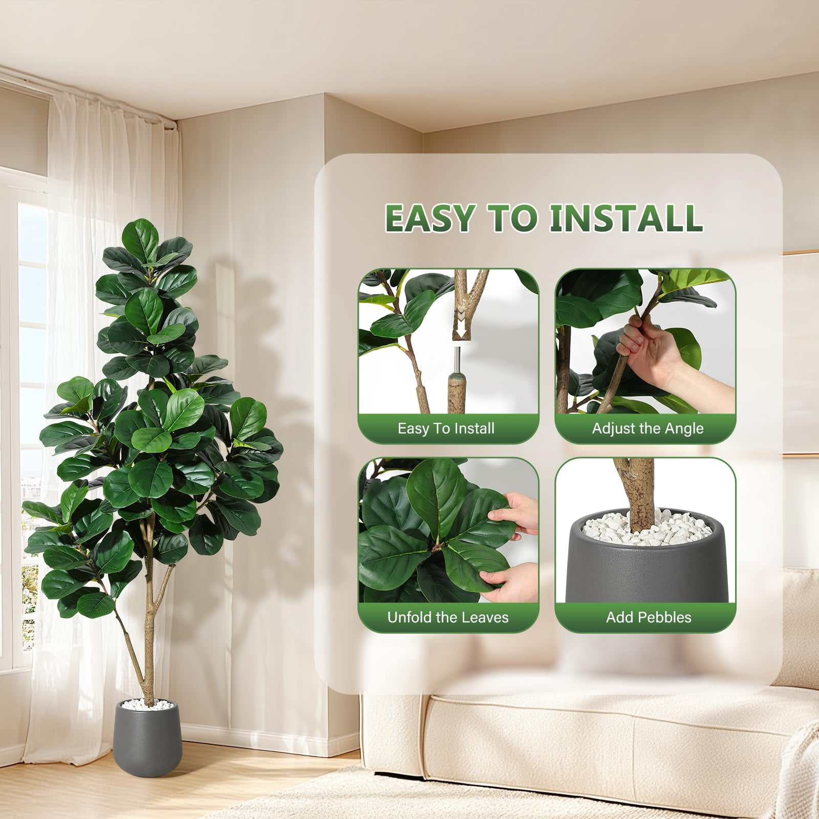 Artificial Fiddle Leaf Fig Tree 6ft – Realistic Faux Ficus Lyrata Floor Plant with gray Planter, Indoor Fake Tree for Home Office Living Room Decor