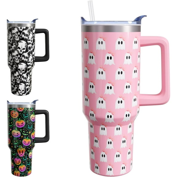 Ghost Halloween Gifts for Women Girls, Cute Spooky Stainless Steel Insulated Travel Coffee Cup, 40 Oz Tumbler with Handle and Straw, Holiday Birthday Water Bottle