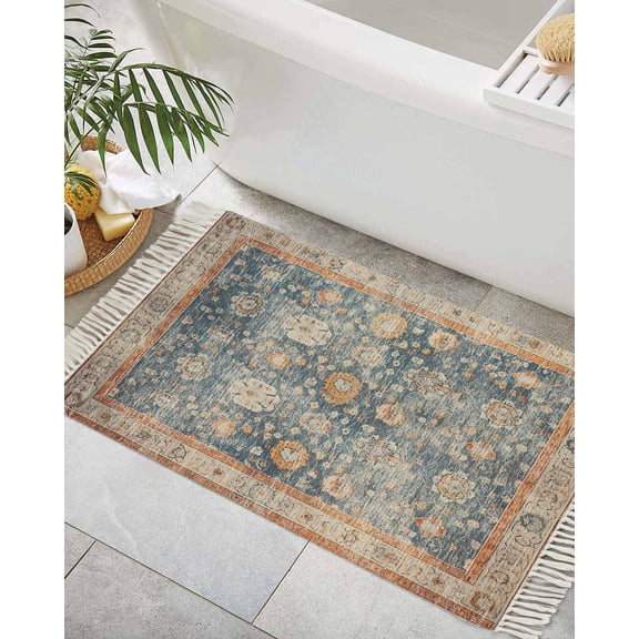 Country Rustic Art,Bath Rug 2x3ft Woven Bathroom Entryway Runner Rug,Gradual Brown Abstract Geometric Flower Washable Living Room Hallway Bedroom Kitchen Carpet with Tassels,Indoor Outdoor Doormat